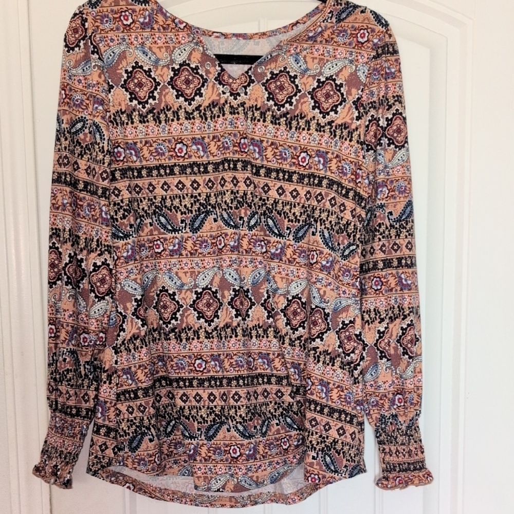 Unk Coral Paisley Pattern Long Sleeve Blouse